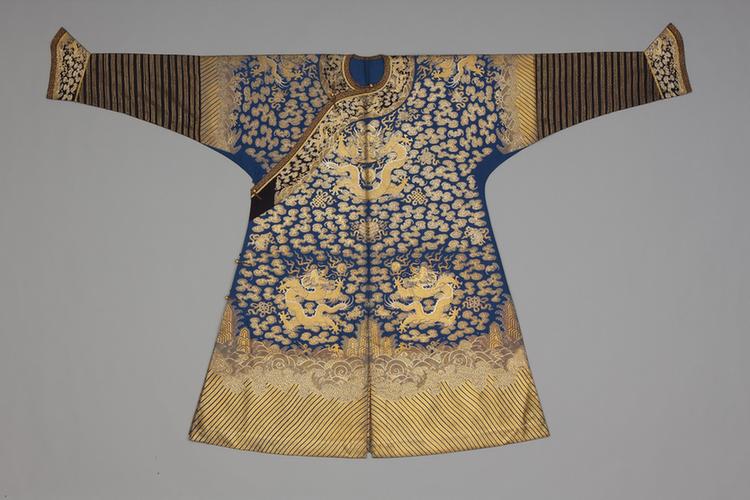 蓝色纱平金银绣云龙八宝纹男单蟒袍