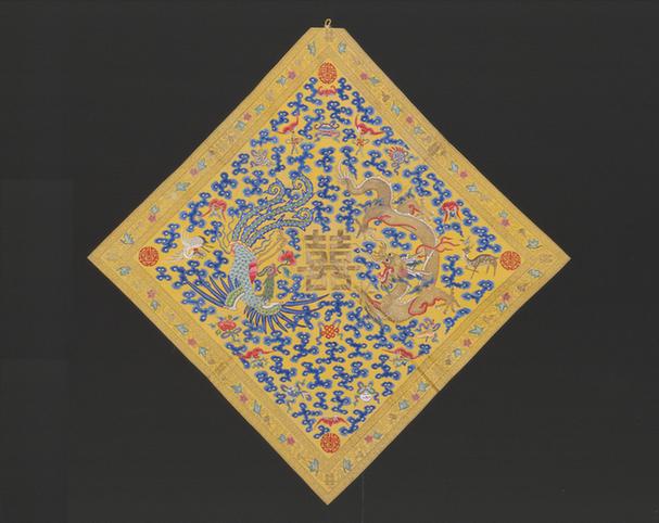 黄色绸绣龙凤双喜纹夹怀挡