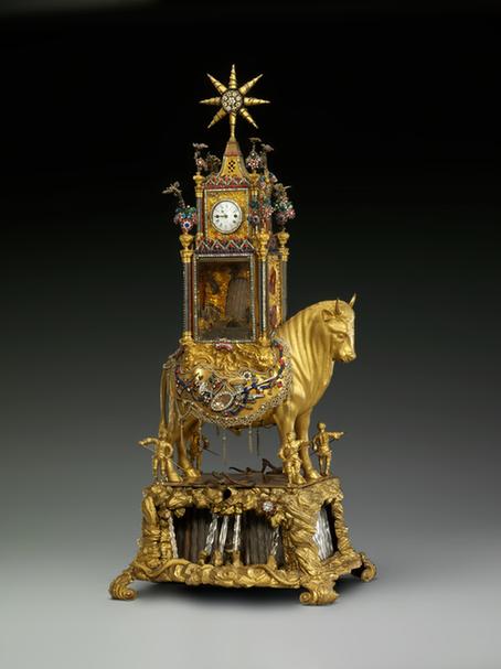 铜镀金牛驮水法转花钟