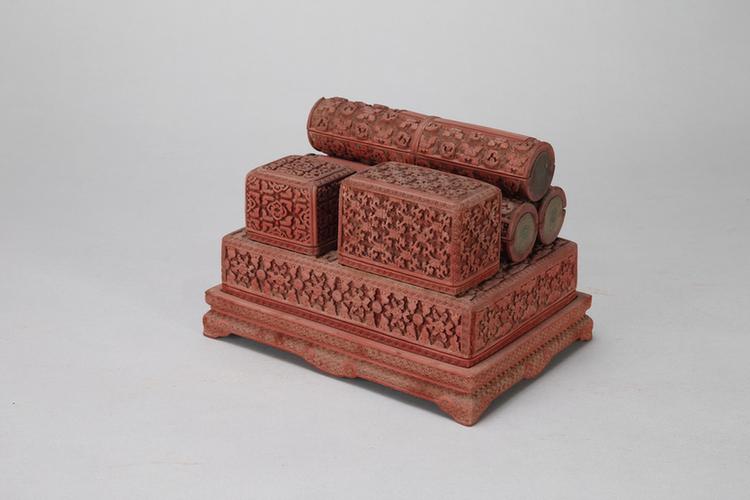 剔红福寿缠枝莲纹书卷式三层套盒