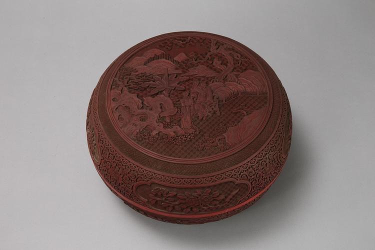 剔红山水人物图开光花卉纹捧盒