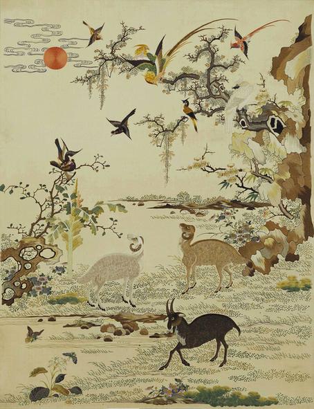 光绪年间白缎地广绣三阳开泰挂屏心