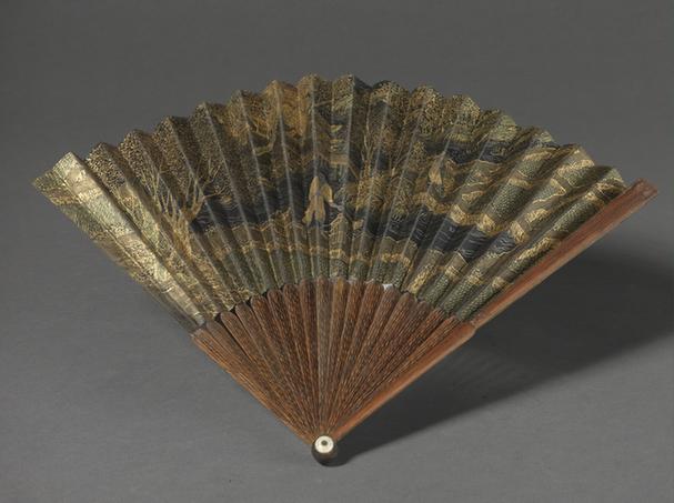 棕竹股黑面泥金画耕织图面折扇