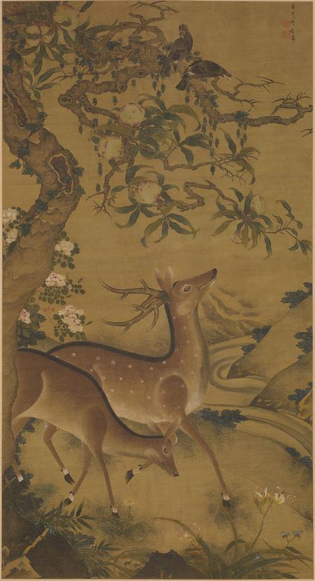 桃实双鹿图轴