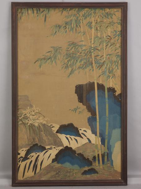 紫檀木边彩绣竹兰图挂屏