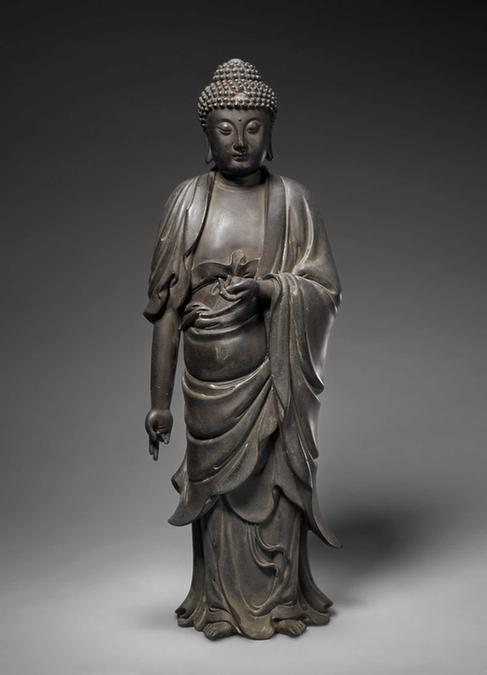 “文南”款铜嵌银丝佛立像