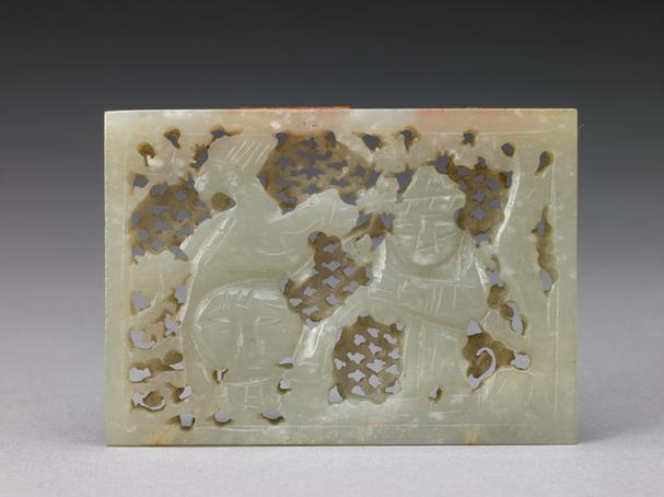 青玉透雕戏狮图长方带板
