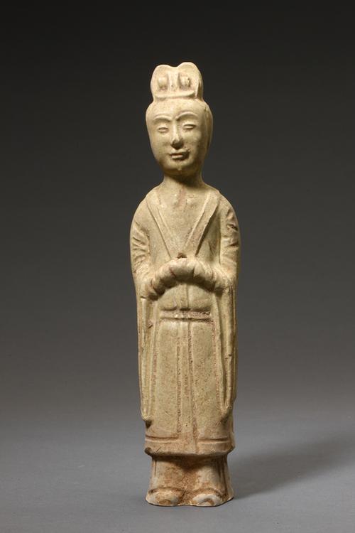 陶黄釉画彩拱手男立俑