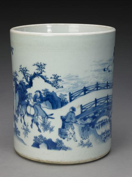 青花题诗人物故事图笔筒