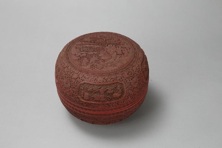 剔红八仙祝寿图开光博古纹圆盒