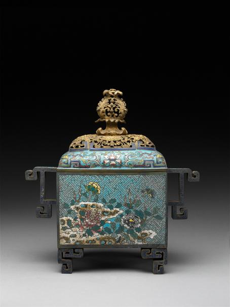 掐丝珐琅锦地花蝶纹双耳四足方盖炉