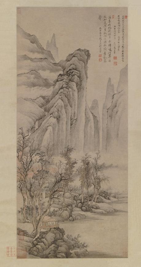 溪阁晤对图轴