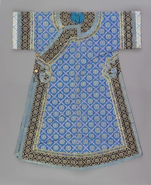 蓝色小花回纹暗花绸棉套裤