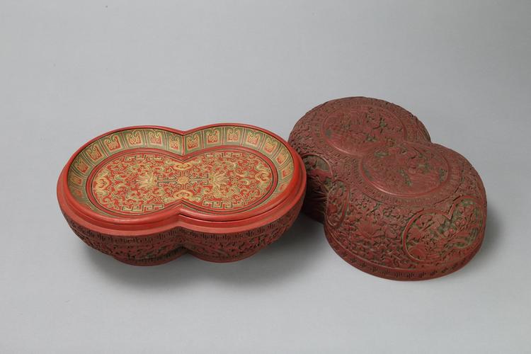 剔红山水人物图开光花卉纹双圆式盒