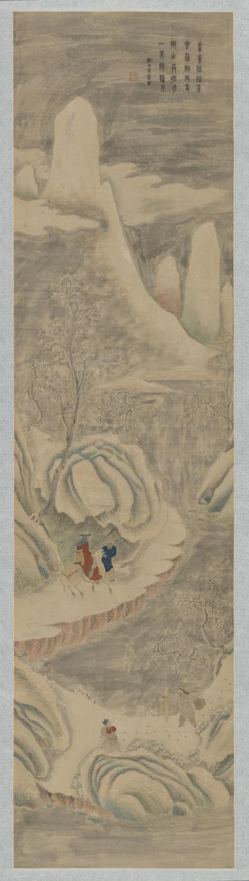 米色绫地绣雪景探梅图轴