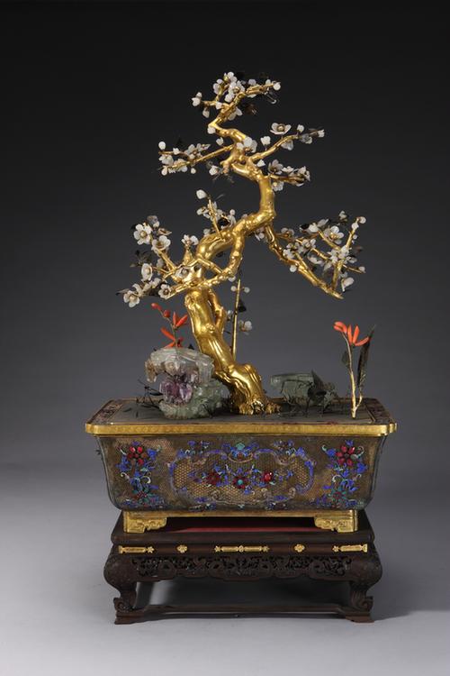 银累丝嵌玉石玻璃盆银叶玉石茶花盆景