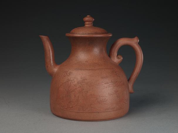 宜兴窑紫砂御题诗山水人物纹阔底壶